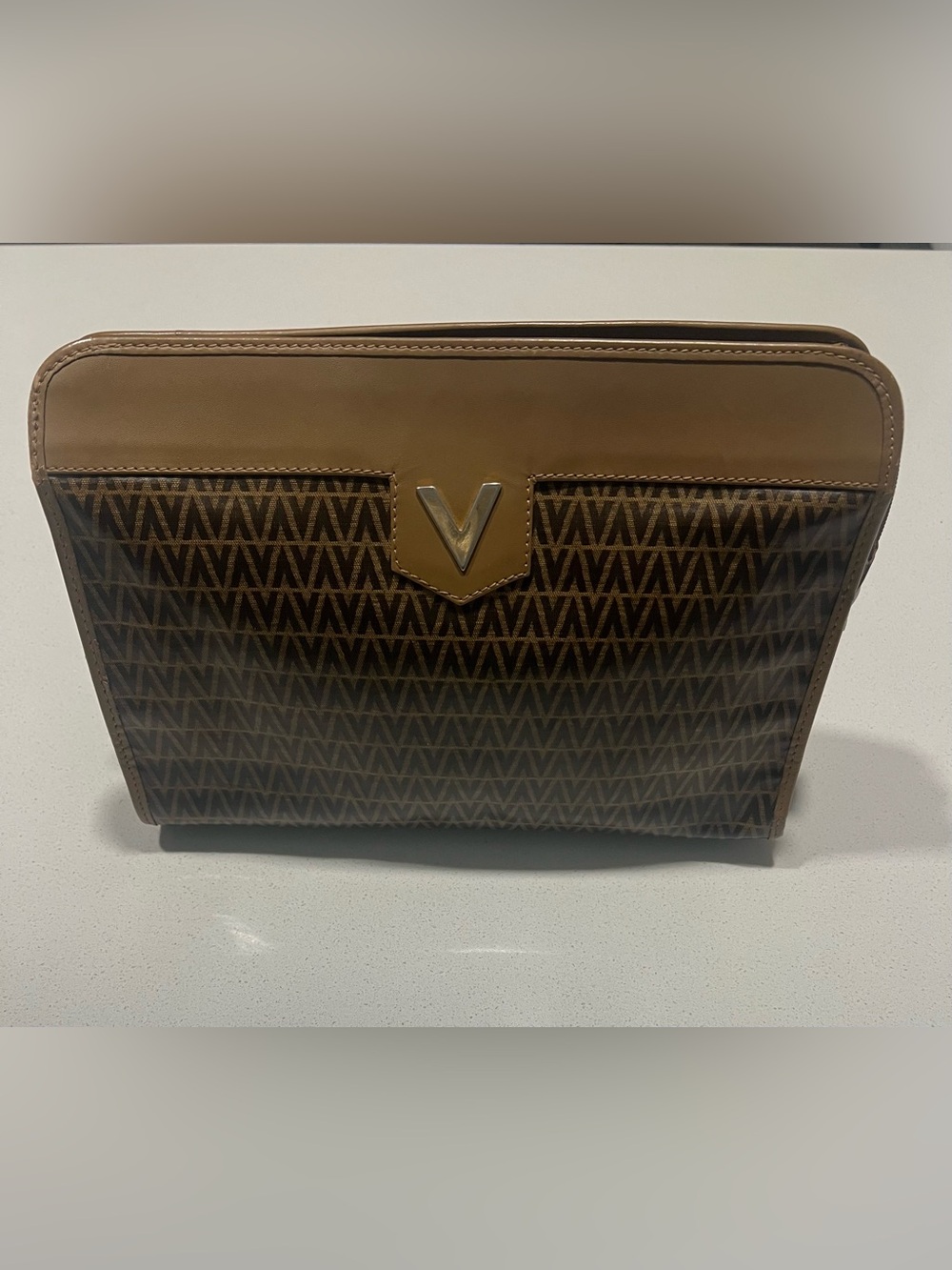 Valentino Brown Monogram Pouch with V Emblem - Rare Find